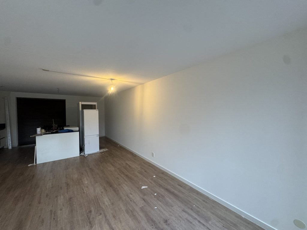 Lange woonkamer met laminaat, een open keuken achterin en een strak witte wand over de hele lengte